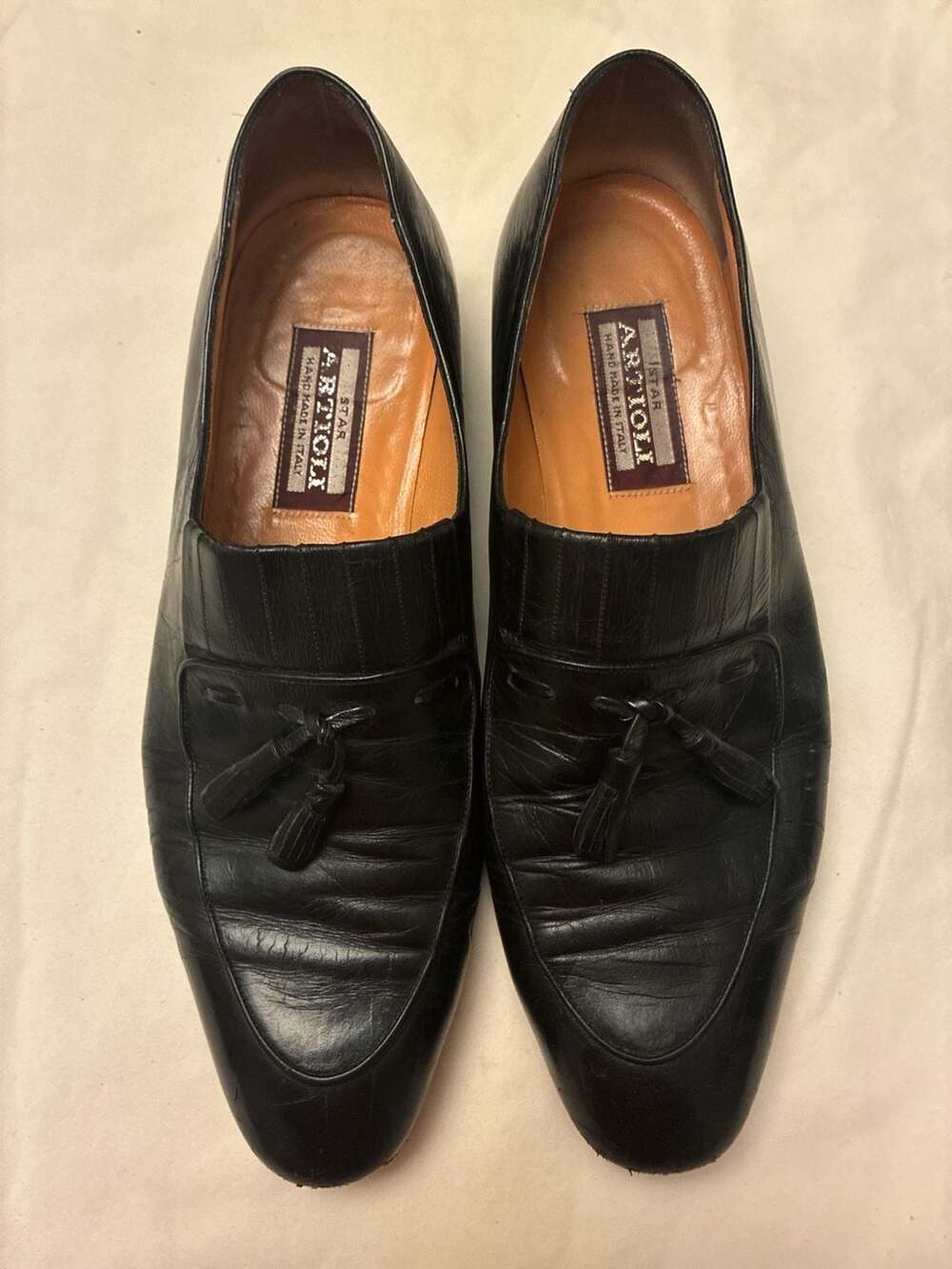 VTG Artioli Star Hand Made in Italy Black Leather Tassel Loafers